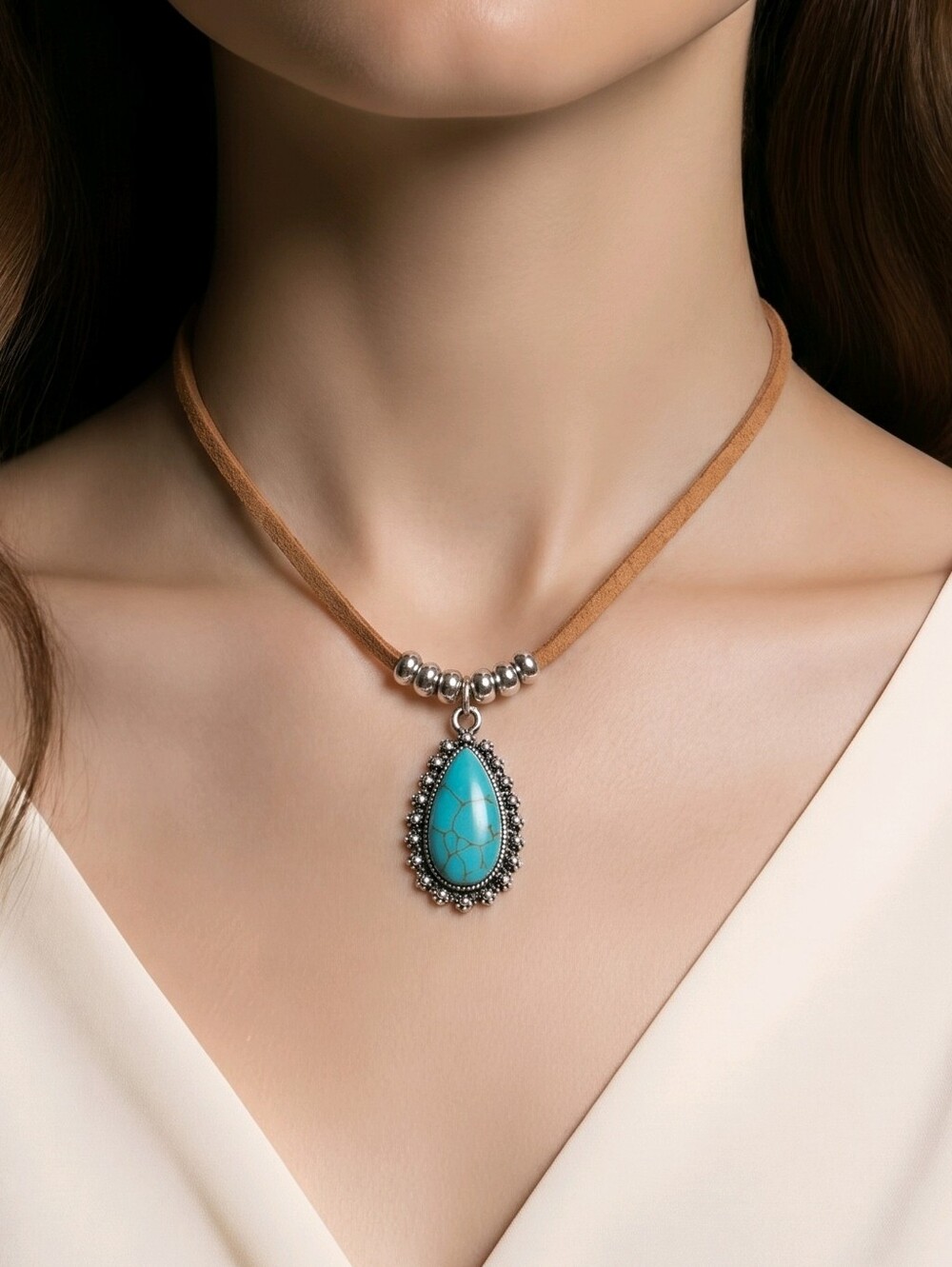 Turquoise Teardrop Pendant Necklace Boho Layered Suede Cord Jewelry Desert Chic - Picture 1 of 5